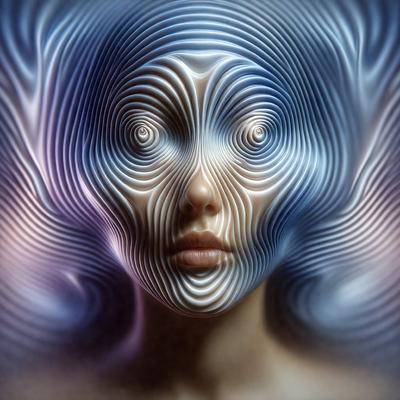 The primary subject of the image is a woman with a unique and intricate design on her face. The design appears to be a combination of blue and purple colors, giving the impression of a futuristic or artistic look. The setting is a close-up of the woman's face, with the design taking up a significant portion of the image. The visual style is a mix of digital art and illustration, creating a striking and eye-catching appearance. The overall atmosphere of the image is one of creativity and artistic